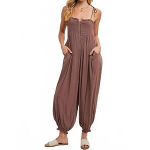 NEW BLUIVY isadora smocked button front jumpsuit in brown
